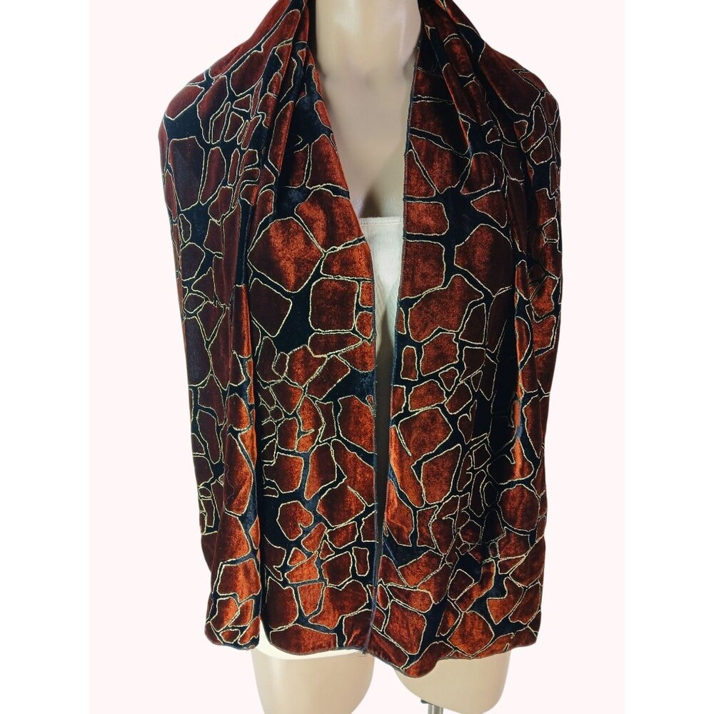 Burnt Orange Black Gold Giraffe Mosaic Print Scarf Silk Blend Lining 60"x17" Ita - Picture 1 of 10